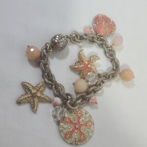 Beach Coastal Ocean Starfish Sand Dollar Gold Orange Tone Chain Charm Bracelet